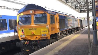 Ex DRS 66302 amp Original GBRf Livery 66799 pass Aylesbury  100724 [upl. by Eekaz]