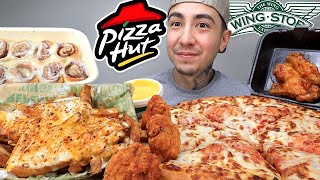 MUKBANG EATING Pizza Hut Cheesy Pan Pizza Wingstop NEW Hot Honey Chicken Voodoo Fries Cinnabon [upl. by Shalne634]