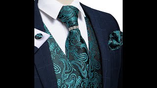 Fashion Teal Blue Paisley Men Waistcoat Neck Tie Ring Set Silk Jacquard Wedding Suit Vest Casual [upl. by Antoinette]