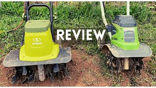 Sun Joe TJ604E Electric Tiller vs Greenworks 8 Amp 27072 tiller cultivator Review [upl. by Cristi507]