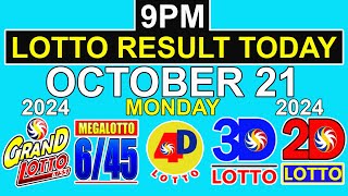 9pm Draw Lotto Result Today October 21 2024 PCSO [upl. by Mcclelland]