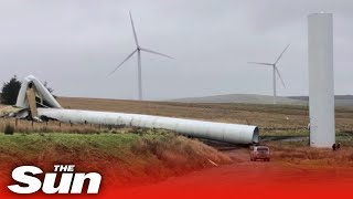 Storm Dudley batters UK as 50mph winds knock down wind turbine as weather warning issued [upl. by Cirdet]