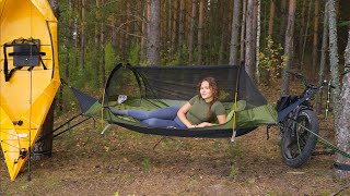 Solo Camping Girl in a Hammock Tent Lake Shore Fishing in a Folding Kayak ASMR [upl. by Bornstein]