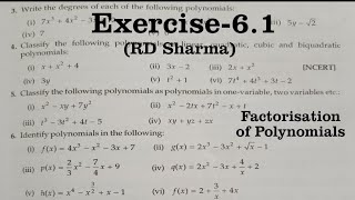 RD Sharma Solutions for Class 9 Maths Chapter 6 Factorisation of Polynomials Exercise 61 Q1 to Q8 [upl. by Atinas596]