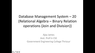 Database Management System– 20Relational Algebra – Binary Relation operations Join and Division [upl. by Acissaj]