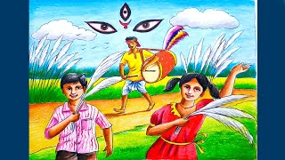 Saratkal scenery drawingDurga Puja special scenery drawing Autumn season drawing [upl. by Yraccaz]