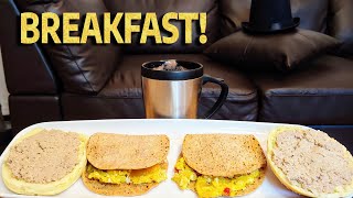 SCRAMBLED EGGS FLATBREAD AND PORK PATE CRETONS ON TOASTED BUN BREAKFAST MUKBANG [upl. by Odraleba305]