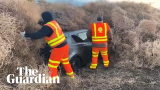 Tumbleweed invasion traps cars and truck on US highway [upl. by Mullane]