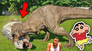 TREX amp INDOMINUS REX Eating HUMANS in Jurassic World Evolution  TREX vs INDOMINUS REX w SHINCHAN [upl. by Rowell58]