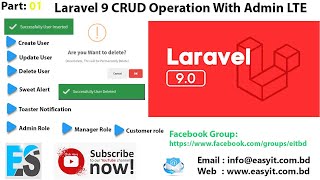 Laravel 9 CRUD Operations with Admin LTE with ToasterSweet Alert  Easy Solution [upl. by Newmark]