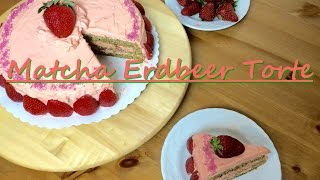 Matcha Erdbeer Torte Rezept  Torte mit Ganache überziehen  Biskuitteig selber machen [upl. by Dulcle]