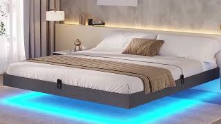 Sikaic Floating Bed Frame Linen Upholstered Platform With LED Lights Underbed Storage Space [upl. by Lleznol]