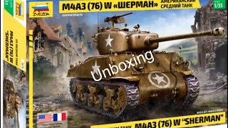 Sherman tank ModelUnboxing the new Zvezda 135 US M4A3 76mm wet Sherman [upl. by Arodnap]