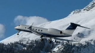 Gulfstream G550 awesome valley landing amp takeoff at Samedan Airport [upl. by Kilan274]