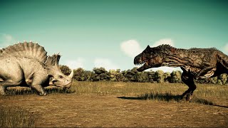 ALLOSAURUS vs ALBERTOSAURUS vs SPINOCERATOPS DINOSAURS FIGHT DURING A STORM JWE2 [upl. by Rana]