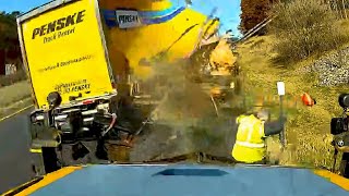 VIDEO New York truck driver nearly hits road worker before crashing into his equipment [upl. by Willumsen]