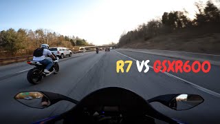 Yamaha R7 Try To Catch Up To GSXR 600  Ripping on the Highway 4k  Brutal Exhaust Sound [upl. by Nodrog744]