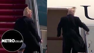 Donald Trumps hair attempting to fly off as he boards Air Force One  Metrocouk [upl. by Adal]