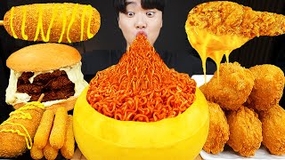 ASMR MUKBANG 직접 만든 치즈 햄버거 치즈스틱 불닭볶음면 핫도그 먹방 amp 레시피 FIRE NOODLES AND BURGER EATING SOUND [upl. by Yziar]