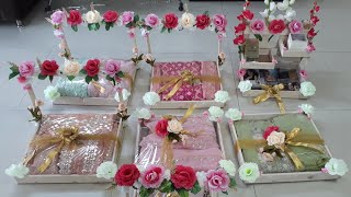 TROUSSEAU PACKING IDEASgift packingSaree packing tray decoration Pinewood trays decoration ideas [upl. by Bondie]