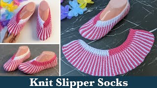 Flat Knit Slipper Socks on Straight Needles  TwoNeedle Knit Socks for Beginners [upl. by Wina]