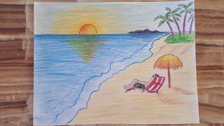 Kolay deniz manzarası çizimi 🏖  Sahil resmi  Scenery of sea  Beach drawing  Easy sea drawing [upl. by Florence119]