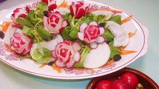 FLORES DE RABANITO DECORACIÓN ENSALADAS FACIL  Radish FLOWERS DECORATION SALADS [upl. by Gervase]