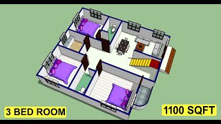 1100 sqft house plan design II 3 bed room home design II 1100 sqft ghar ka naksha [upl. by Batruk]