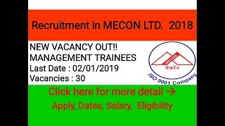 Mecon Recruitment 2018 Govts jobs No experience Required [upl. by Agemo]