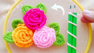 Superb Woolen Rose Making Idea with Pencil  Hand Embroidery Amazing Trick  DIY Woolen Flowers [upl. by Screens645]