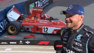 Bottas reacts to Charles Leclerc crashing Niki Laudas Ferrari at Monacomonacogpmonacorace [upl. by Aysan282]