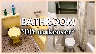 DIY BATHROOM MAKEOVER  painted bath tub amp carpeted bathroom extreme makeover on a budget [upl. by Nimzay]