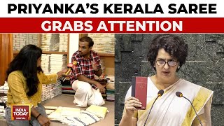 Priyanka Gandhi Vadras Kerala Traditional Saree Steals Spotlight In Parliament  India Today [upl. by Cilla]