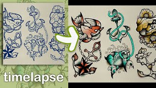 Timelapse  Anchors and Animals Tattoo Flash Designs Procreate [upl. by Eniortna]