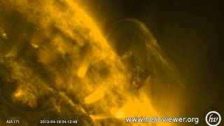 Solar storm in progress northwest of the Sun April 18 2012  SDO AIA 171  Video Vax [upl. by Icyaj510]