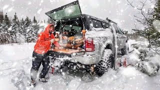 Camping In Snow Storm With Wood Stove Heated Truck Camper [upl. by Potts]