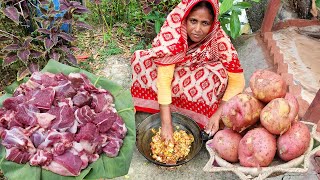 Notun Aloo Khasir Mangsho Ranna Mutton Curry Recipe Cooking In Our Village Style GOAT MEAT RECIPE [upl. by Wivestad680]