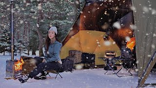 Camping in a Snowstorm forest Alone in a Hot Tent [upl. by Sukramal]