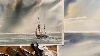 How to PAINT A BOAT ON A STORMY SKY Beginners Watercolor Painting Landscape SKY Tutorial Line amp Wash [upl. by Donaugh]