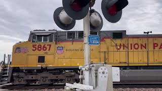 Bus Brown Drive railroad crossing UP 5867 Grain Train Woodbine IA [upl. by Anilem]