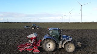 New Holland TM125 ploughing and T6160 drilling wheat with Kverneland DA powerharrow  sowing combi [upl. by Assylla905]