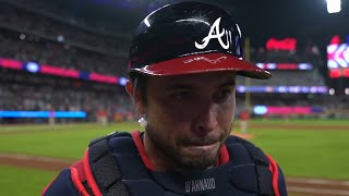 Travis dArnaud Postgame Interview After His 3 Homer Game vs Rangers [upl. by Lainad]