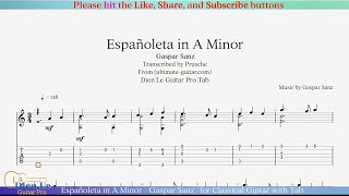 Españoleta in A Minor  Gaspar Sanz for Classical Guitar with Tab [upl. by Nalak]