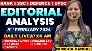 Editorial Analysis  8th February 2024  Vocab Grammar Reading Skimming  Nimisha Bansal [upl. by Kceb]