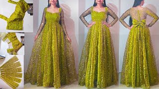 Celebrity style party wear princess gown cutting stitching step by step  Birthday frock stitching [upl. by Tailor792]