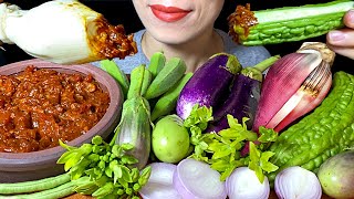 ASMR Raw Veggies Banana Flower Eggplant Bitter Melon Heavenly Flower Long Bean Okra amp sauce [upl. by Erdnad]