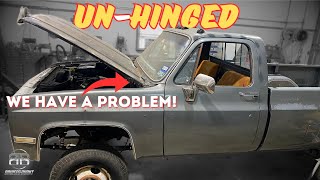 CUMMINS Swapped Square Body K30  Sorting out our hood hinge problem [upl. by Yelbmik]