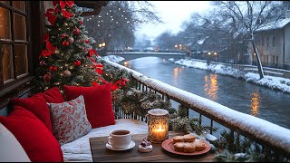 Jazz Café Ambience 🎷 Snowy Day with Cozy Sofa amp Christmas Balcony Views 🌟 [upl. by Nnylidnarb107]