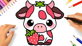 HOW TO DRAW A CUTE STRAWBERRY COW KAWAII EASY 🐮🍓 [upl. by Ecydnac]