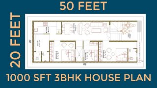 20x50 House Plan  3 Bhk House Plan 2050 House Plan  20 x 50 House Plan  20 by 50 House Plan [upl. by Adamis]